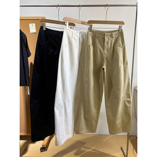 春夏新款 女 极简好看纯色白色100棉高腰显瘦宽松阔腿弯刀休闲长裤