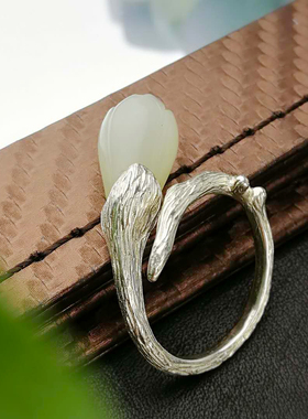 存萃饰品天然和田玉白玉兰花戒指国风文艺气质优雅开口女戒指指环