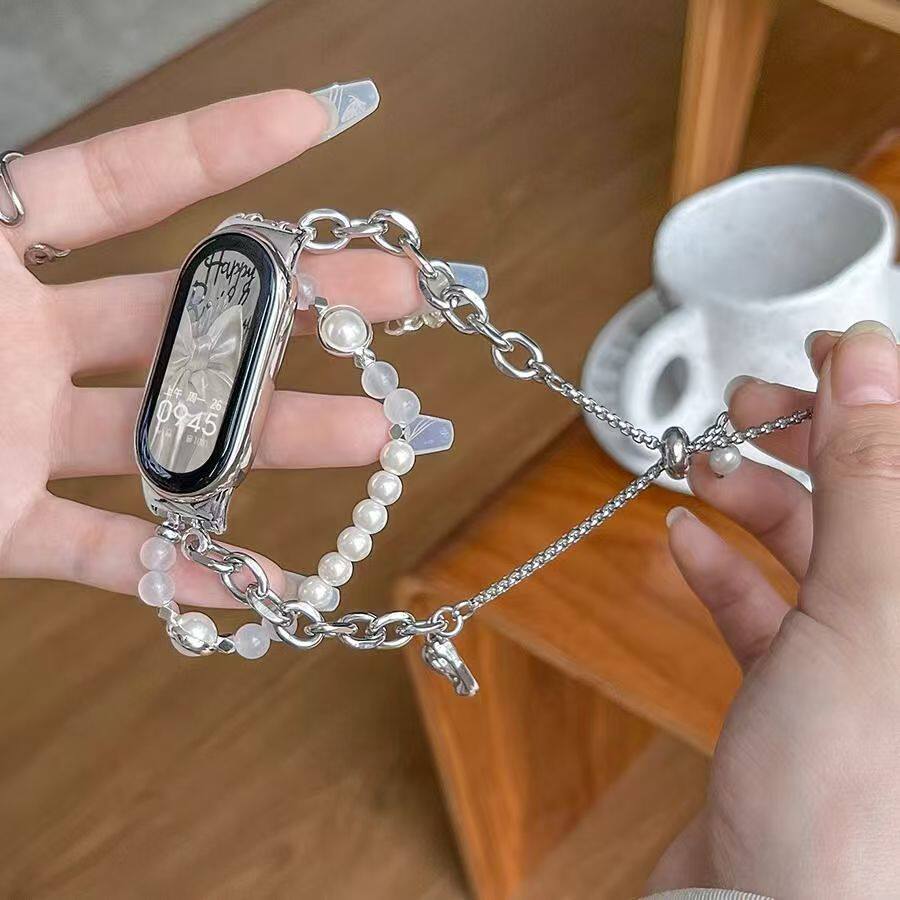 爱心珍珠小米手环适用9/8Pro腕带金属手链珍珠九代NFC版手表链带