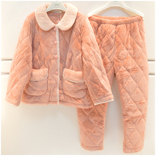 精雅女士睡衣2025冬季雅舒绒三层夹棉加厚素色休闲保暖女家居服套