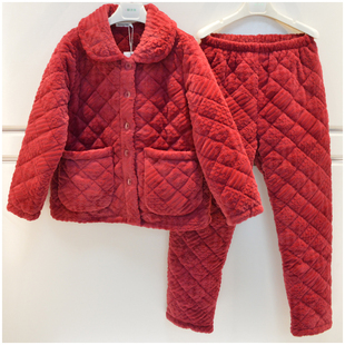 精雅女士睡衣2025冬季牛奶绒三层夹棉加厚素色简约可外穿家居服套