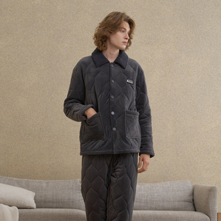 睡衣千雾绒三层夹棉加厚翻领保暖家居服男套装 男士 2025冬季 创五季