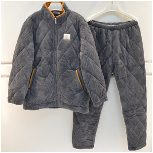 精雅特价男士睡衣冬季雅舒绒三层夹棉加厚素色立领可外穿家居服套