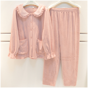 精雅女士睡衣2025冬季海岛绒薄绒素色甜美娃娃领休闲女家居服套装