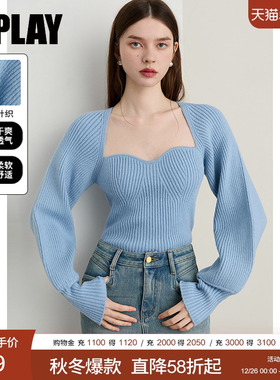 DPLAY2025年秋季新款蓝色毛衣女时尚复古宽松针织衫慵懒长袖上衣