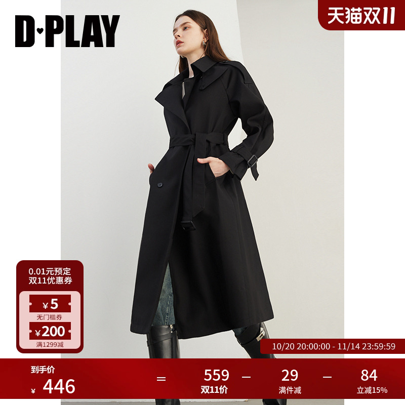 DPLAY黑色风衣长款外套