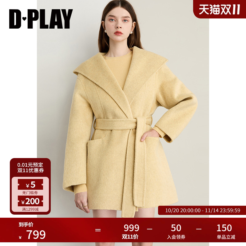 DPLAY2025年秋季新款黄色100羊毛毛呢外套宽松双面呢子大衣女