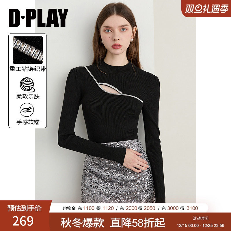 DPLAY2025年秋季新款黑色针织衫女含羊毛镂空设计修身打底衫上衣