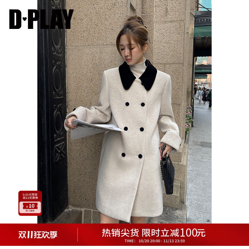 DPLAY杏色娃娃领拼接丝绒呢大衣甜美学院风毛呢外套中长款小个子