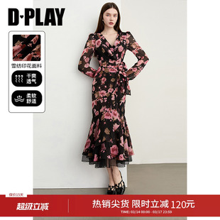 DPLAY2026年春季新款黑色连衣裙女长款气质法式长袖雪纺印花裙子