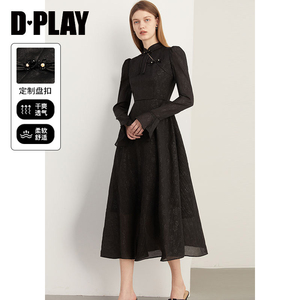 DPLAY秋新中式国风经典黑改良旗袍立领盘扣喇叭袖长款连衣裙