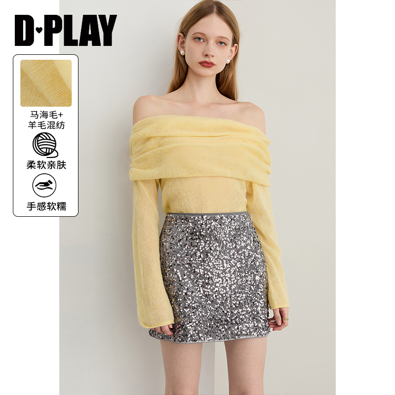 DPLAY2025秋季新款黄色针织衫女含马海毛羊毛一字肩露肩长袖上衣