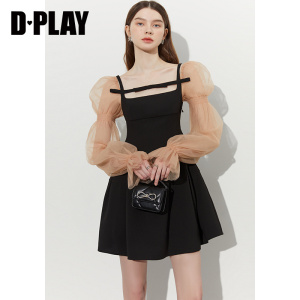 DPLAY秋法式赫本风经典黑长袖葫芦袖蝴蝶结微醺小黑裙连衣裙