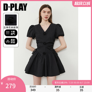 裙子短裙 DPLAY2025年夏季 新款 黑色连衣裙女独特短款 小黑裙泡泡袖