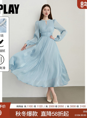 DPLAY【珠光星辰系列】2026年春季新款蓝色连衣裙女鎏光裙子长裙