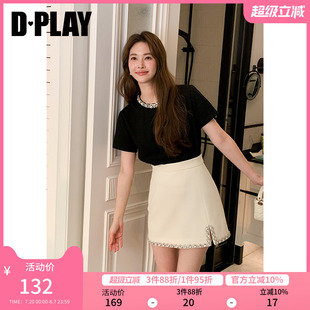 闪钻系列 新款 DPLAY 2025年夏季 上衣 黑色t恤女法式 圆领短袖