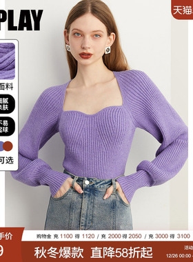 DPLAY2025冬季紫色毛衣女气质多巴胺法式方领针织衫上衣毛衣女