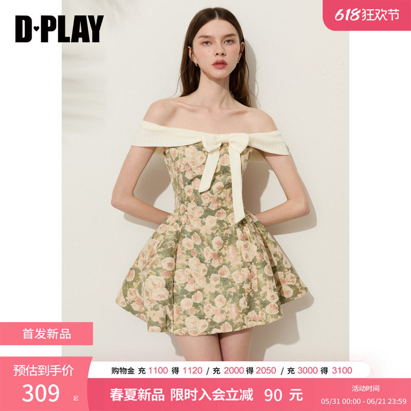 DPLAY绿色印花一字肩连衣裙蝴蝶结拼接针织法式裙子2026夏季新款