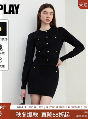 DPLAY2025冬季新款法式黑色针织套装女气质时尚搭配毛衣半身裙
