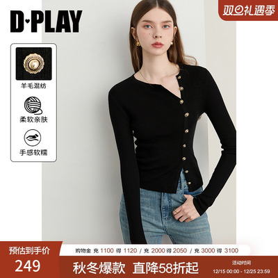 DPLAY2025年秋季新款黑色针织衫女正肩修身含羊毛上衣圆领打底衫