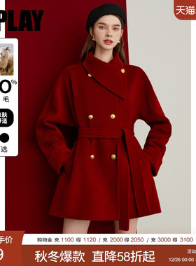 DPLAY2025冬季新款红色大衣女气质战袍100羊毛呢宽松围脖呢子外套