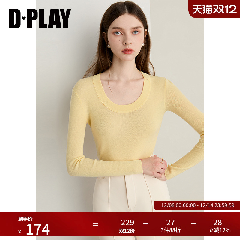 DPLAY2025年秋季新款黄色针织打底衫时尚多巴胺100羊毛上衣女