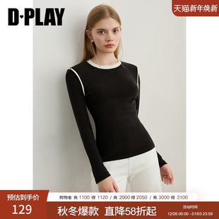 打底衫 DPLAY2025秋季 含羊毛气质修身 黑色t恤女时尚 上衣 新款