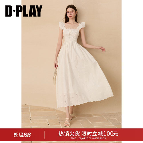 DPLAY【度假系列】2026年夏季白色连衣裙女飞飞袖镂空法式连衣裙