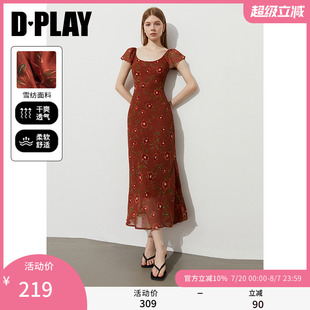 DPLAY2025年夏季 收腰A字雪纺印花裙子长裙 新款 红色连衣裙女长款