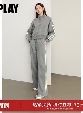 DPLAY秋季新款灰色套装女立领运动风卫衣休闲长裤两件套