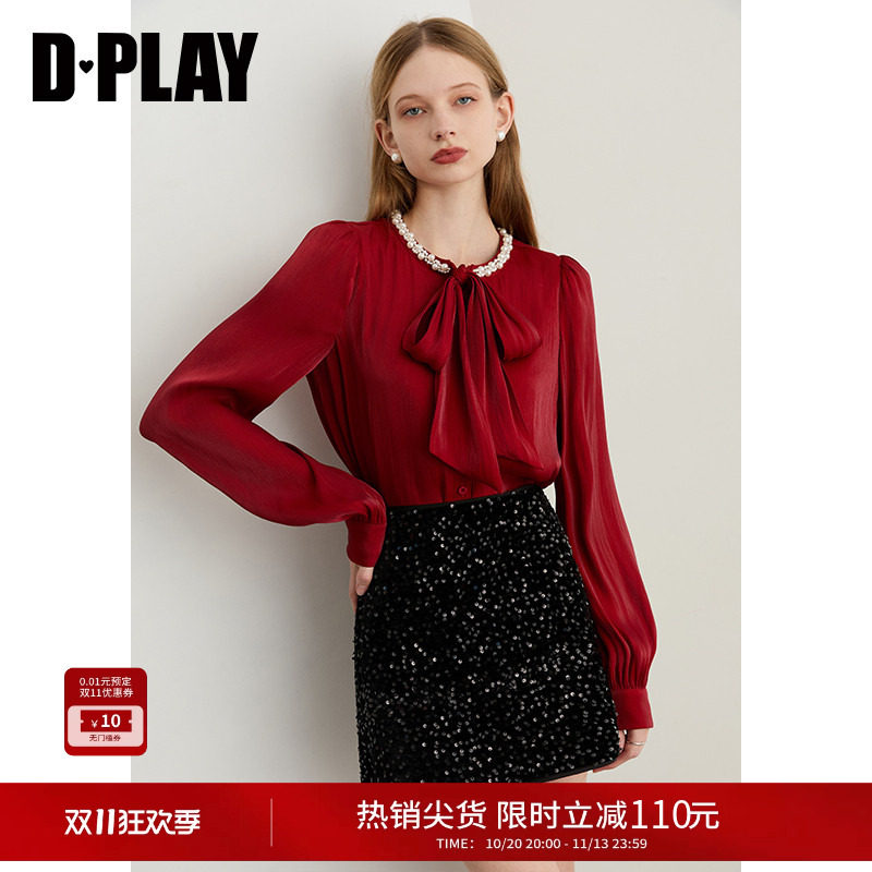 DPLAY【珠光星辰系列】红色衬衫女蝴蝶结上衣衬衣2026秋季新款
