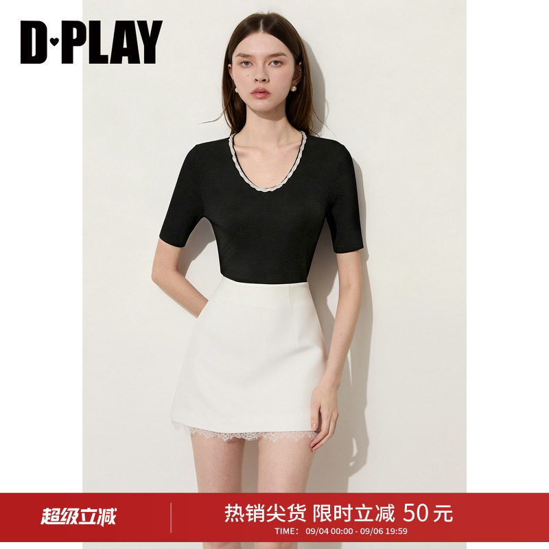DPLAY黑色冰丝修身针织短袖T恤图片
