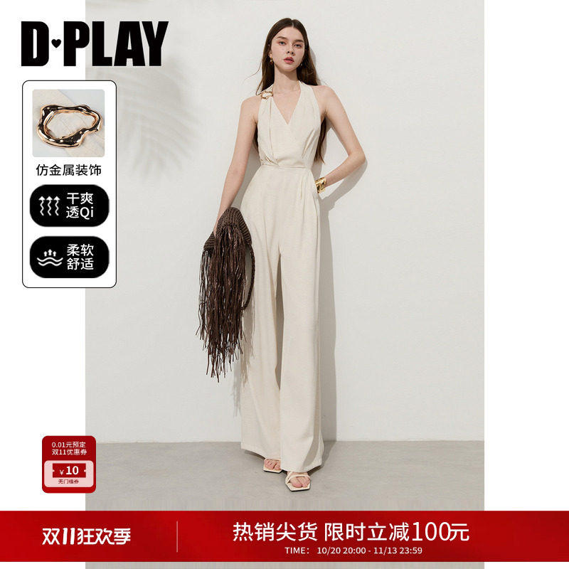 D－PLAY高个子白色连体裤挂脖露背长裤收腰连体裤2026年夏连衣裤