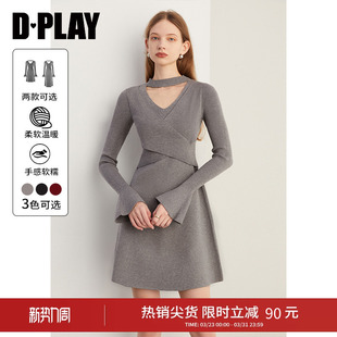 针织连衣裙2026年春 裙子长袖 DPLA气质法式 灰色毛衣女短款