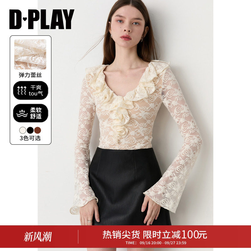 DPLAY米白V领荷叶边蕾丝上衣女修身短款法式长袖蕾丝衫2026秋季图片