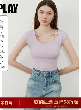 DPLAY2025年夏季新款紫色t恤女上衣含胸垫修身内搭打底衫短袖