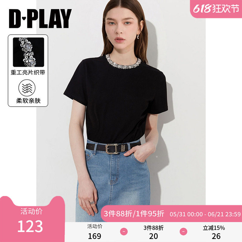 DPLAY【闪钻系列】新款亮钻领黑色t恤女宽松短袖上衣棉2026夏季