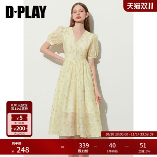 DPLAY夏新法式 印花连衣裙海边度假沙滩裙 优雅黄调雏菊V领泡泡袖