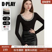 弹力长袖 DPLAY 上衣 新款 女士修身 轻奢闪钻系列 黑色t恤高级小衫