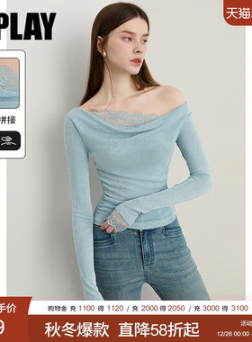 DPLAY2025年秋季新款蓝色t恤女好看独特荡领拼接蕾丝长袖上衣