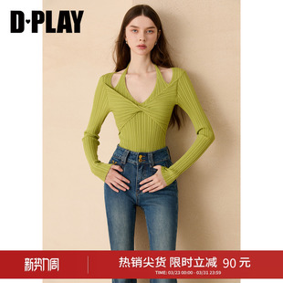 DPLAY绿色针织衫 上衣2026年 女挂脖扭结设计感露锁骨性感辣妹修身