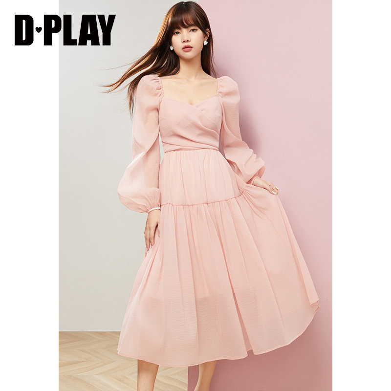 DPLAY新款ins温柔山茶粉色高腰蓬蓬法式连衣裙气质公主连衣裙
