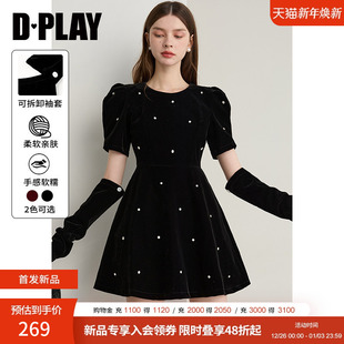 独特时髦连衣裙 黑色丝绒连衣裙女气质泡泡袖 DPLAY2025年冬季 新款