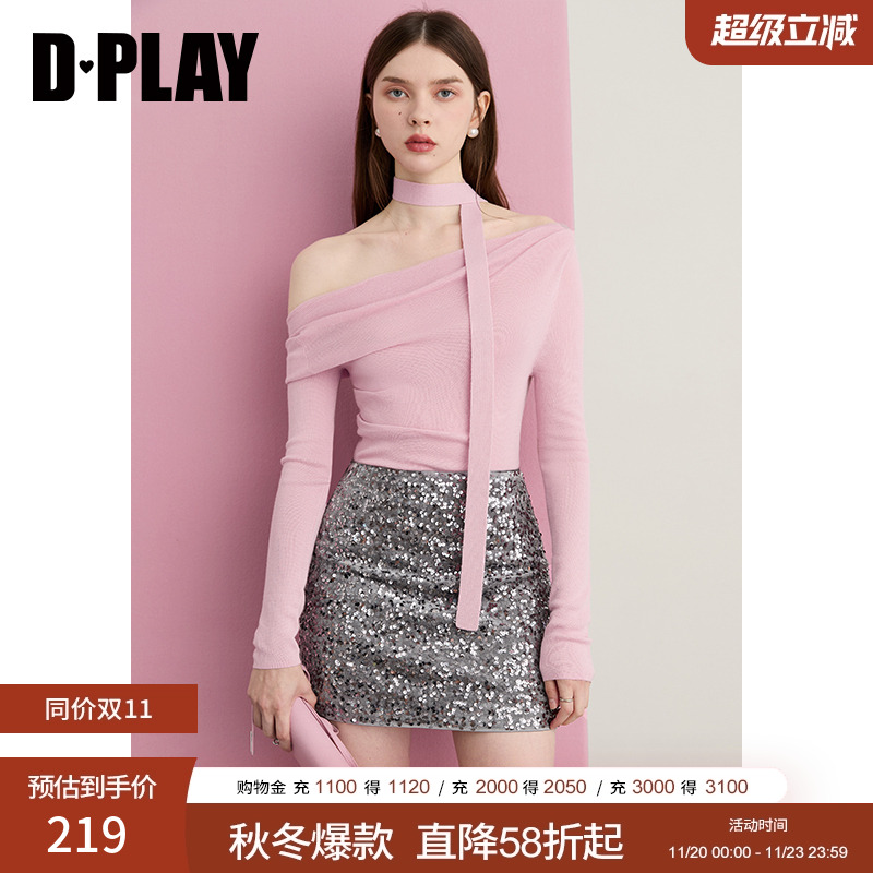 DPLAY2025秋季新款粉色针织衫女修身含羊毛上衣一字肩露肩打底衫