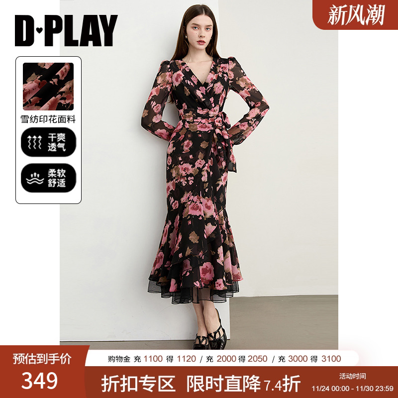 DPLAYV领系带印花连衣裙