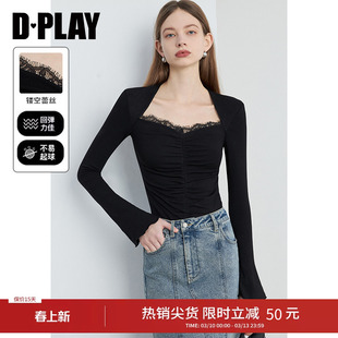 DPLAY秋季新款黑色打底衫女美背方领修身蕾丝拼接内搭小衫