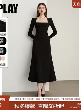 DPLAY2025秋季新款黑色法式方领连衣裙长袖气质礼服小黑裙鱼尾裙