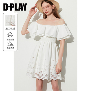 DPLAY2023夏新氛围感度假风一字肩拼接荷叶边镂空机绣大摆连衣裙