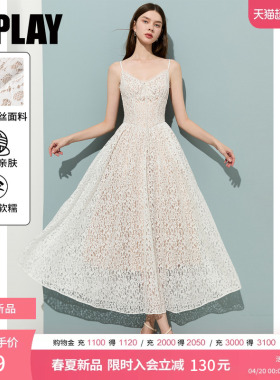 DPLAY2026年夏季新款白色连衣裙蕾丝花边收腰镂空时尚吊带长裙女