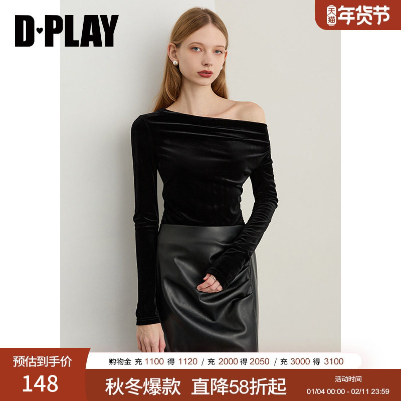 DPLAY2025年秋季新款黑色t恤女好看一字肩时尚气质打底衫长袖上衣